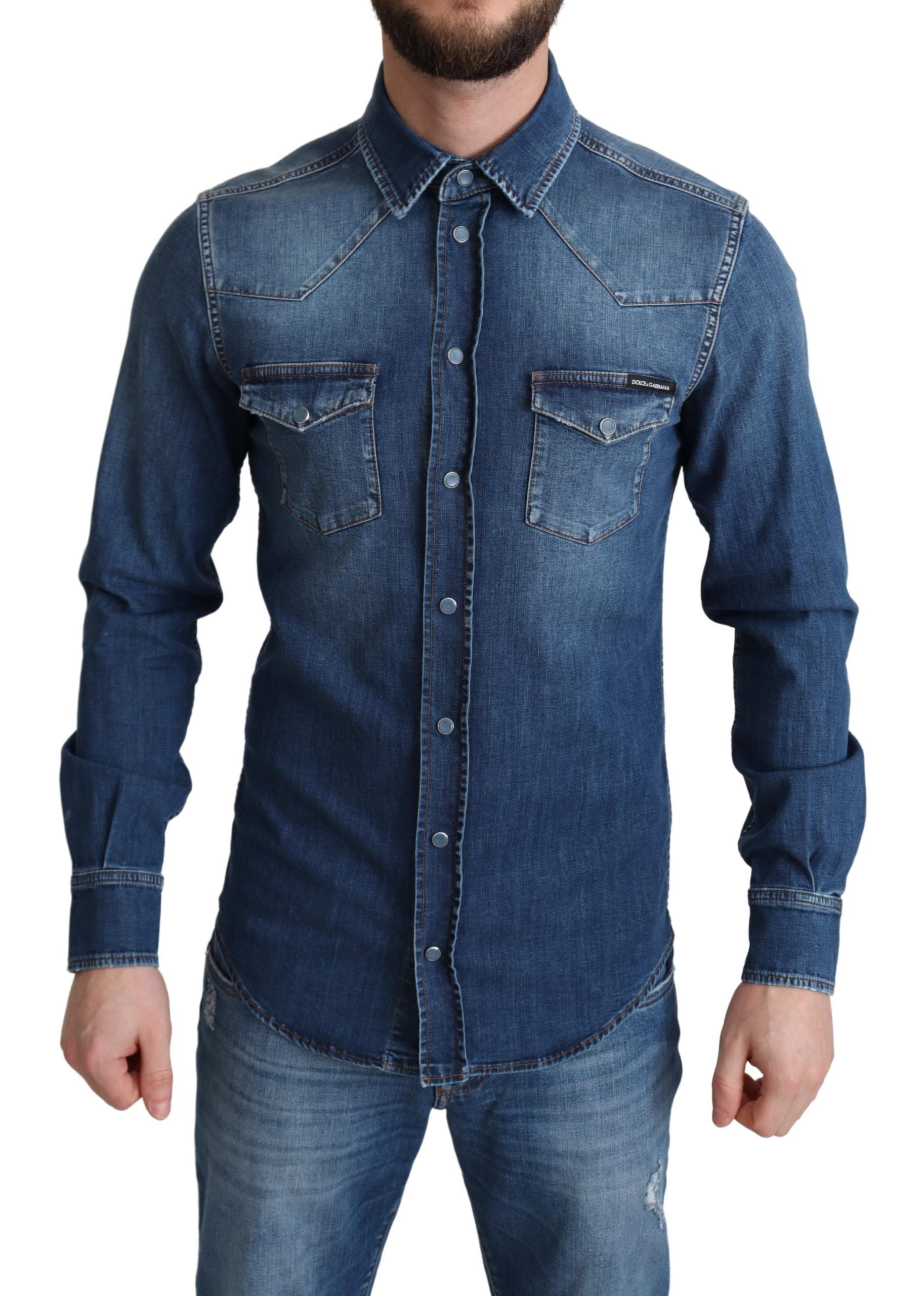 Dolce & Gabbana Mavi pamuklu streç denim gömlek, uzun kollu